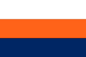 The flag of the village of South New Nassau. The flag is a horizontal tricolor featuring (from top to bottom) the colors white, orange, and blue. The design bears resemblance to many eastern Slavic flags like Russia and Bulgaria, but instead bearing the colors of its parent city of New Nassau.