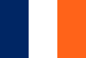 The flag of the city of New Nassau. The flag is a vertical tricolor featuring (from left to right) the colors blue, white, and orange. The colors are an homage to the former Dutch flag, which were representative of the royal house of Orange-Nassau.