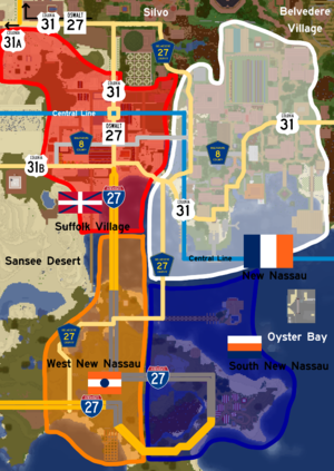 New Nassau and its closely-knit neighboring communities, comprising most of the New Nassau Metro Area. This map notably excludes Cairo and Captiva Island, which lie somewhat far away from the main metropolis.